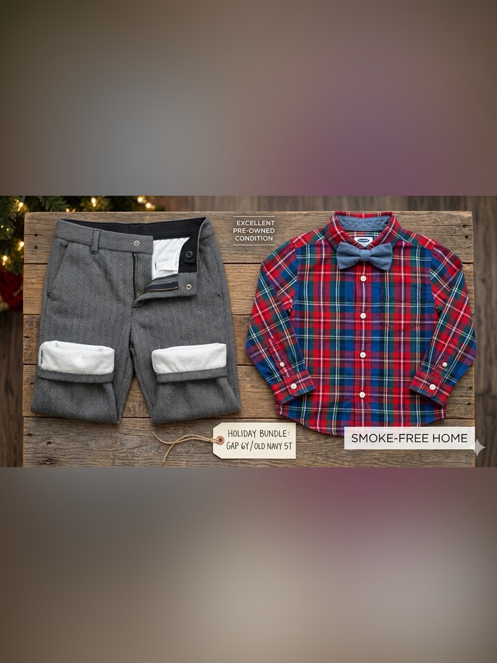 🎄 Boys Holiday Outfit Bundle: Gap Herringbone Joggers (6) & Old Navy Plaid Shirt